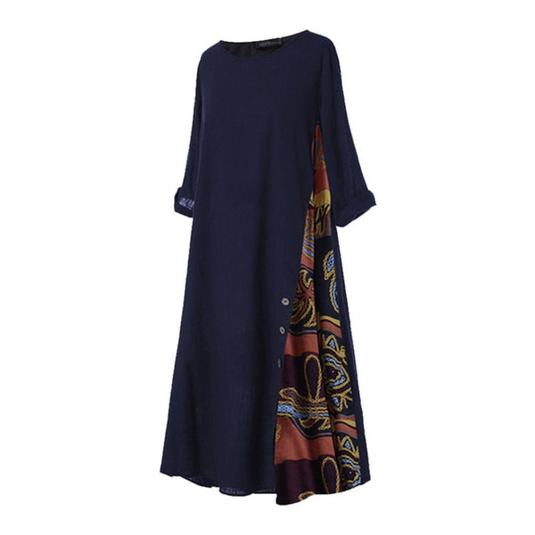 Women Patchwork Maxi Dress Casual Long Sleeve Floral O Neck Robe