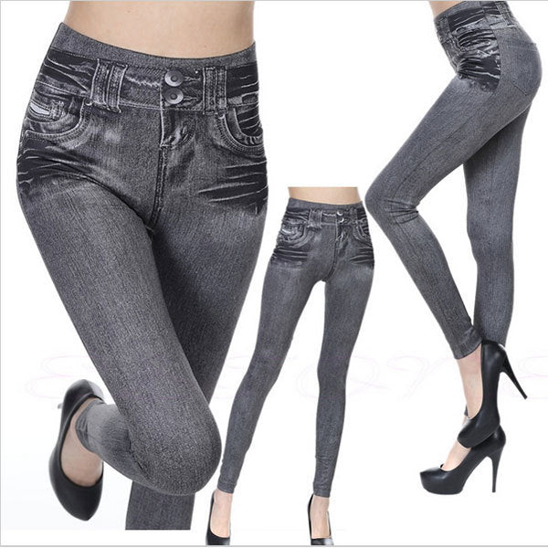 Fashion Faux Denim Jeans Leggings Sexy Long Pocket Printing Leggings