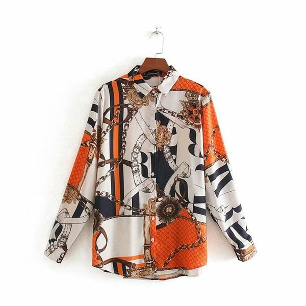 women vintage color matching chain pattern print long sleeve blouse