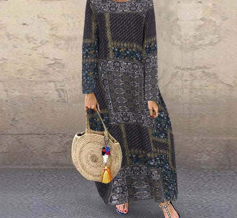 Vintage Printed Maxi Dress Women Casual Long Sleeve Tunic O Neck Baggy Robe