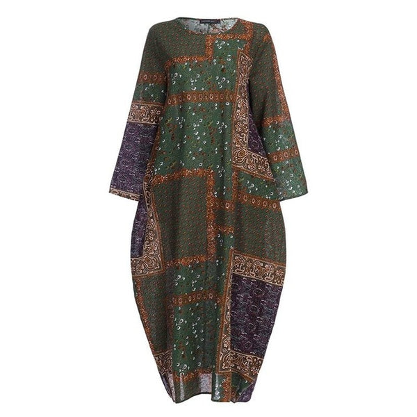 Vintage Printed Maxi Dress Women Casual Long Sleeve Tunic O Neck Baggy Robe