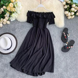 Vintage Women Summer Dresses 2020 Off the Shoulder Solid Ruffles A-line High Waist Dress Vestidos Slash Neck Robe Femme