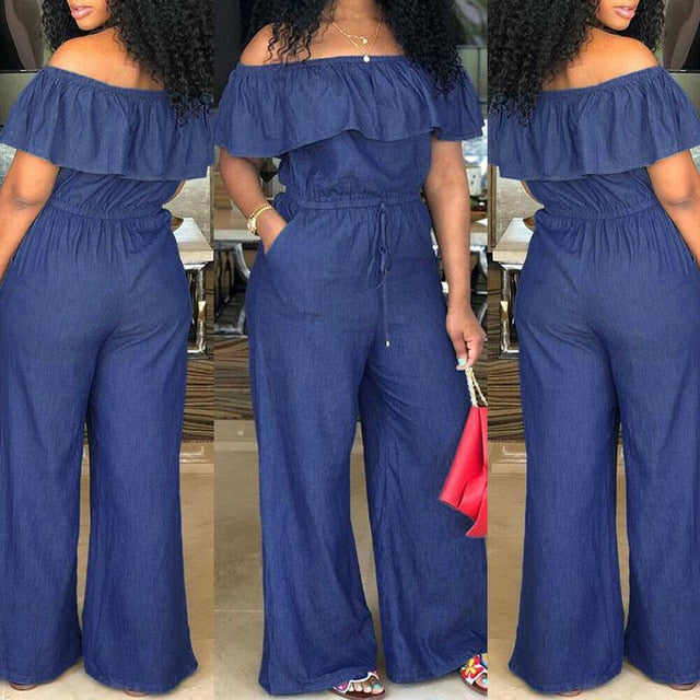 Fashion Casual Women Solid Off Shoulder Long Romper Jumpsuit