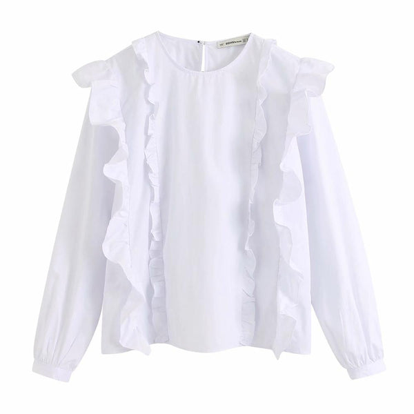 Women o-neck long sleeve cascading ruffles blouse