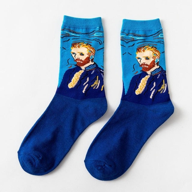 starry starry night Cotton Funny painting Mona Lisa Kiss Painting Retro-classical Series Couple Sock