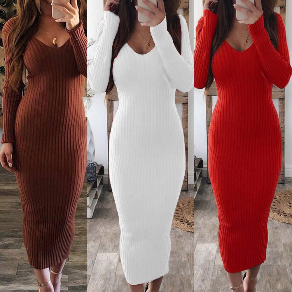 Sexy Women Long Sleeve V Neck Backless Ribbed Bodycon Sliming Knitted Midi Dress Party Dress Vestidos summer dress