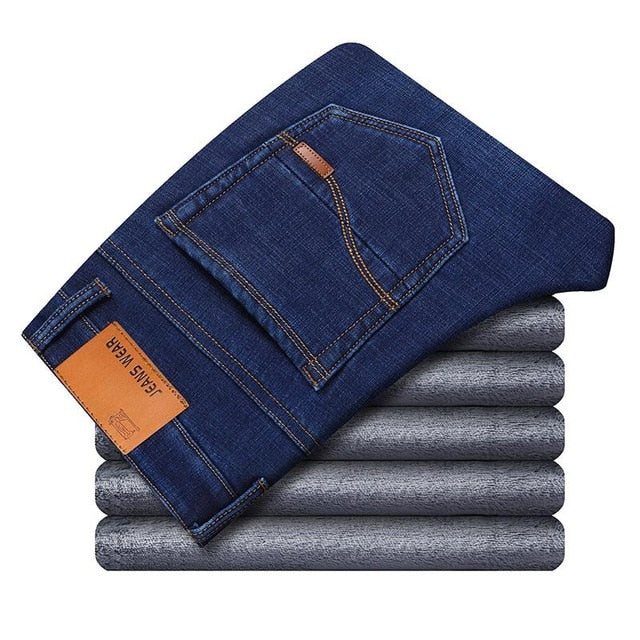 Winter Thermal Warm Flannel Stretch Jeans Mens Winter Quality Famous Brand Fleece Pants Men Straight Flocking Trousers Jean Male