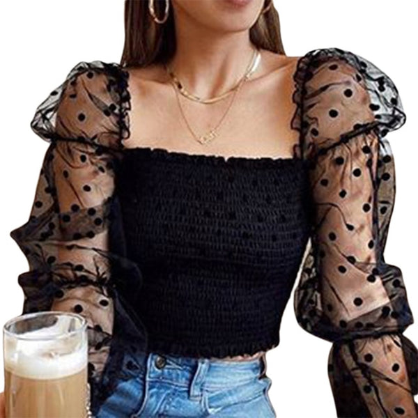 Women Wrinkled Backless Mesh Sheer Puff Sleeve Wrap Chest Top