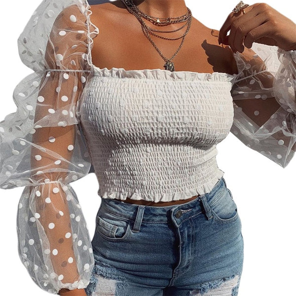 Women Wrinkled Backless Mesh Sheer Puff Sleeve Wrap Chest Top