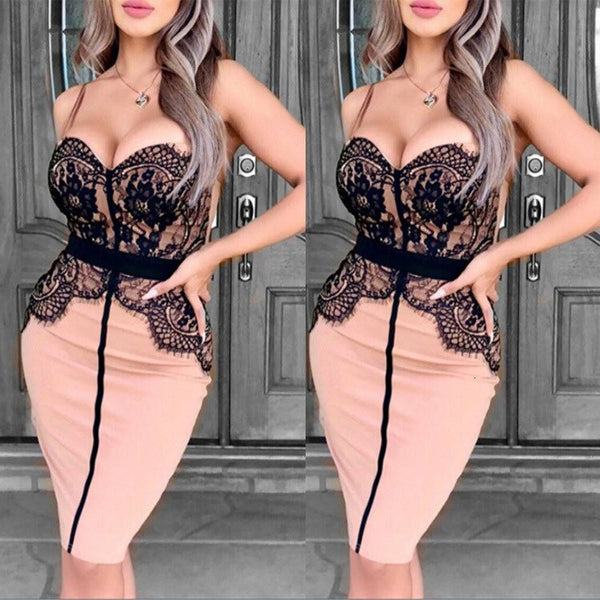 Sexy Lace Sweetheart Spaghetti Strap Split Joint Knee Length Cocktail Dress