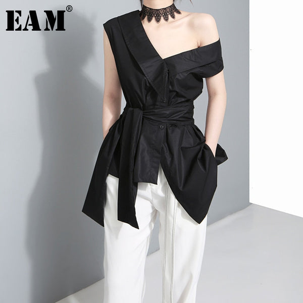 [EAM] Women Bandage Bow Asymmetrical Blouse New Skew Collar Short Sleeve Loose Fit Shirt Fashion Tide Spring Autumn 2020 J4950