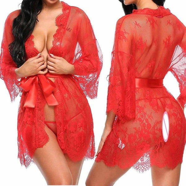 Sexy Women Lingerie Lace Deep V G-String See Through Sexy Sheer Sleepwear
