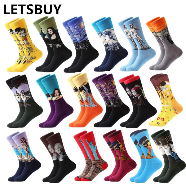 LETSBUY 1pair Combed Cotton Colorful Van Gogh Retro Oil Painting Men Socks cool casual Dress Funny party dress crew Socks