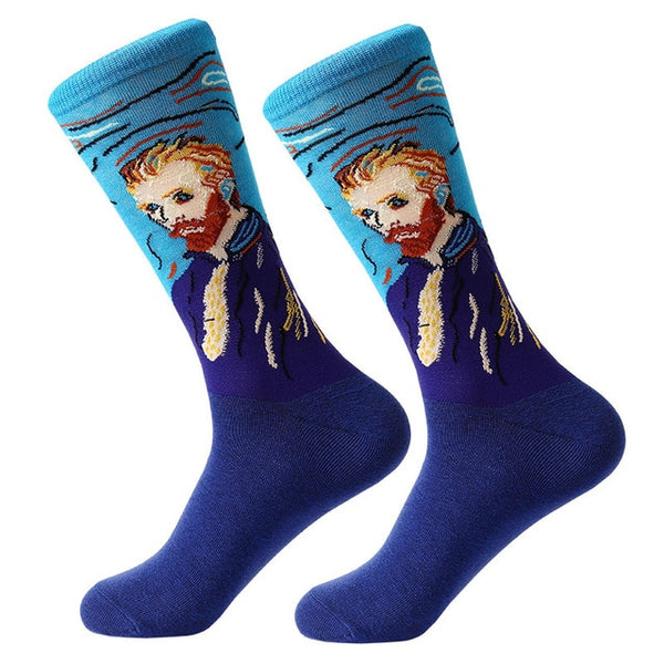 LETSBUY 1pair Combed Cotton Colorful Van Gogh Retro Oil Painting Men Socks cool casual Dress Funny party dress crew Socks