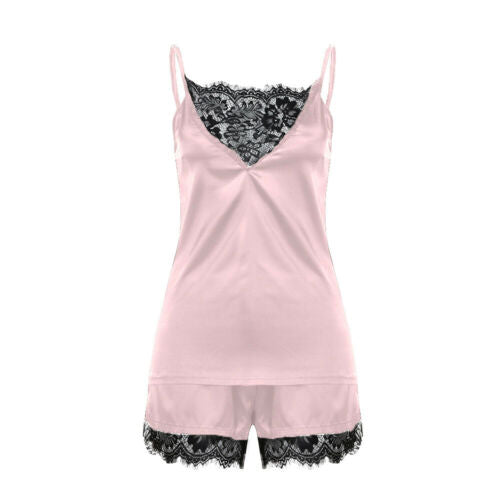 Sexy Satin Lingerie Lace Patchwork Top + High Waist Shorts Sleepwear