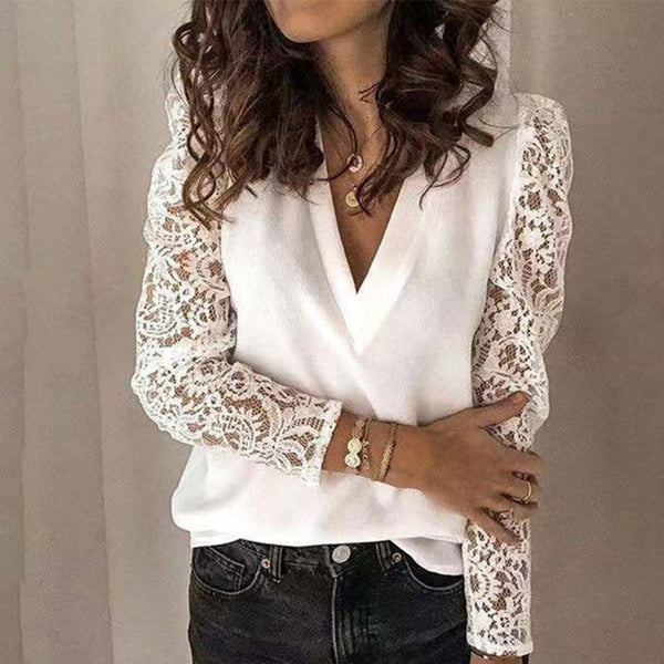 Women V-neck Lace Hollow Out Blouse Patchwork Long Sleeve White Office Ladies Blouses 2020 Summer Casual Solid Female Tops