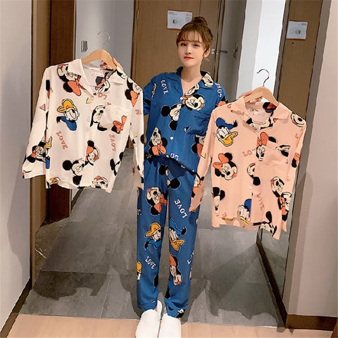 Cotton comfortable Women 2-piece long-sleeved shirt lapel pajamas