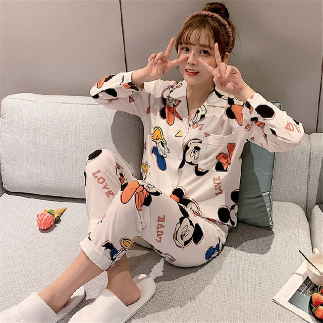 Cotton comfortable Women 2-piece long-sleeved shirt lapel pajamas