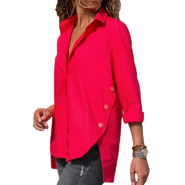 Women Chiffon Irregular Shirt Top Black White Red Long Sleeve Blouse