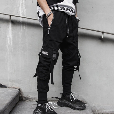 New hip-hop jogger men's black harem overalls multi-pocket ribbon