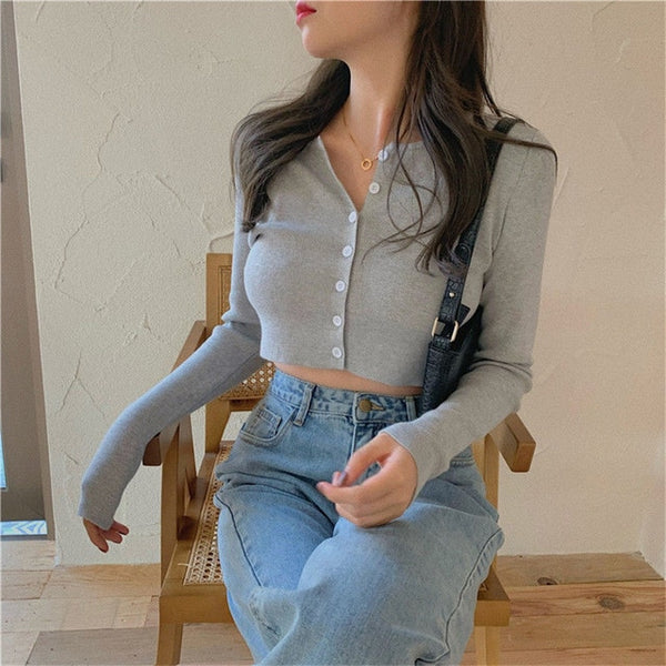 Korean Style O-neck Short Knitted Thin Cardigan Women Sweater