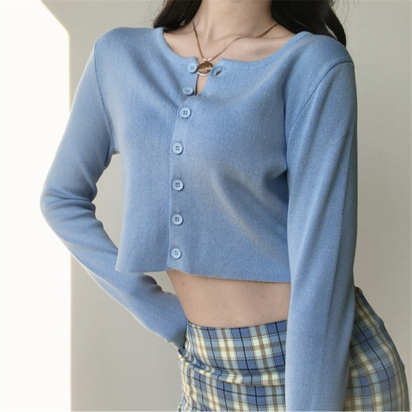 Korean Style O-neck Short Knitted Thin Cardigan Women Sweater