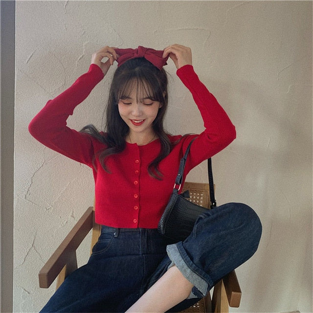 Korean Style O-neck Short Knitted Thin Cardigan Women Sweater