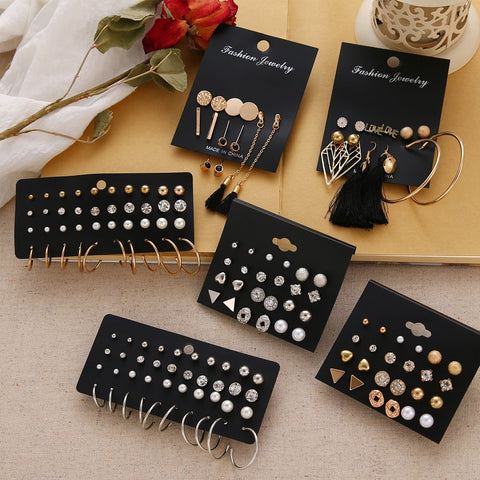 12 Pairs Flower Women Pearl Crystal Stud Earring