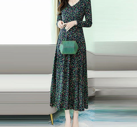Women Fashion Elegant Retro V-Neck Long Sleeve Printed Long Dress