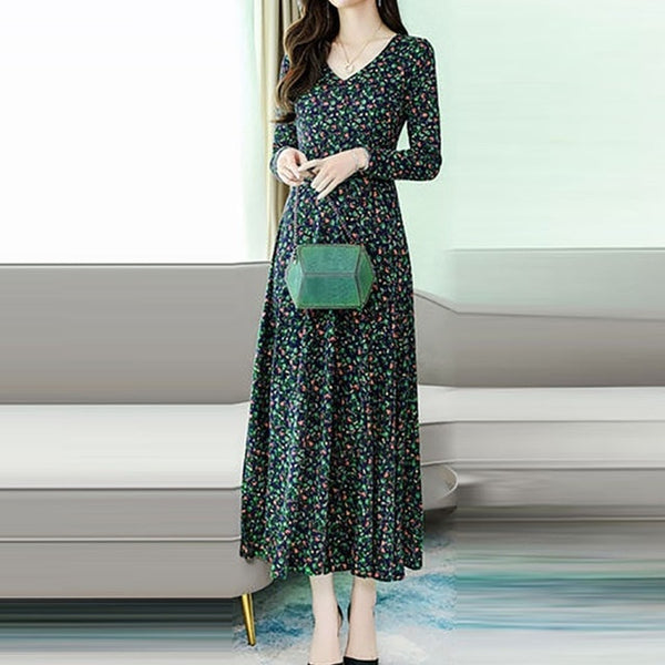 Women Fashion Elegant Retro V-Neck Long Sleeve Printed Long Dress