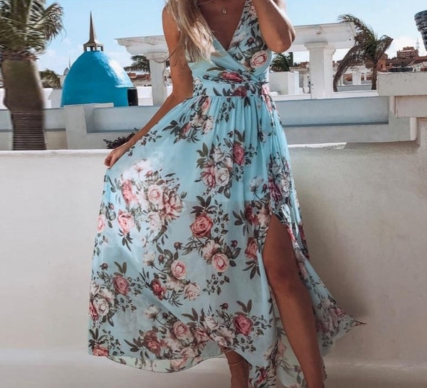 Chiffon Women Sexy Deep V-neck Floral Print Party Dress