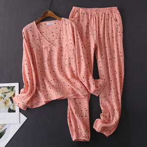 Women's Cotton Water-washed pajamas for women Pyjamas Sleepwear Pijamas Texture Crepe Gauze Long-sleeved Trousers Pajamas V-Neck