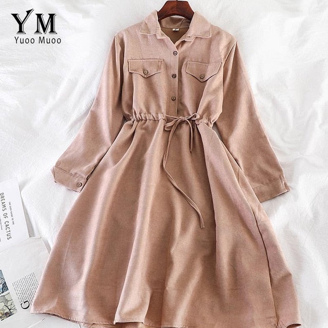 YuooMuoo Vintage Pockets Design Women Shirt Dress 2020 Autumn Winter Drawstring A Line Midi Dress Elegant Ladies Office Dresses