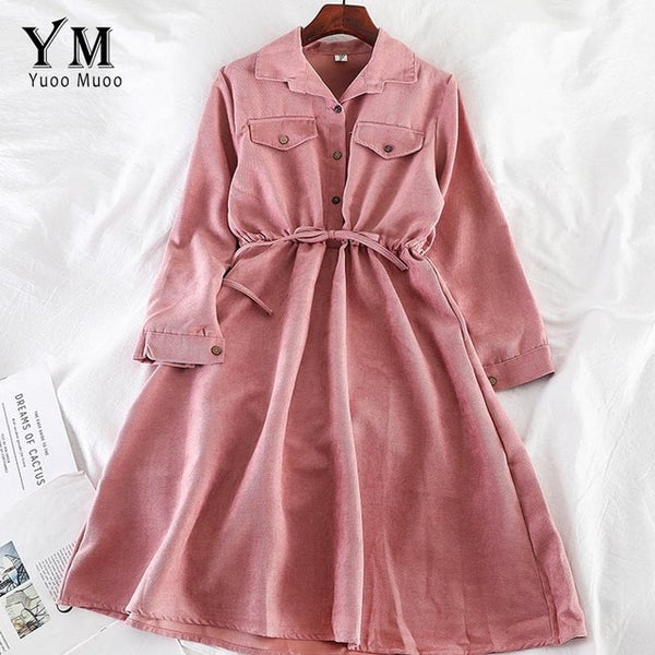 YuooMuoo Vintage Pockets Design Women Shirt Dress 2020 Autumn Winter Drawstring A Line Midi Dress Elegant Ladies Office Dresses