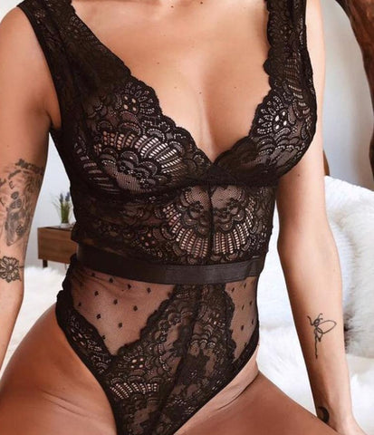 Women Lace Floral Embroidery Deep V Neck Sexy Bodysuit