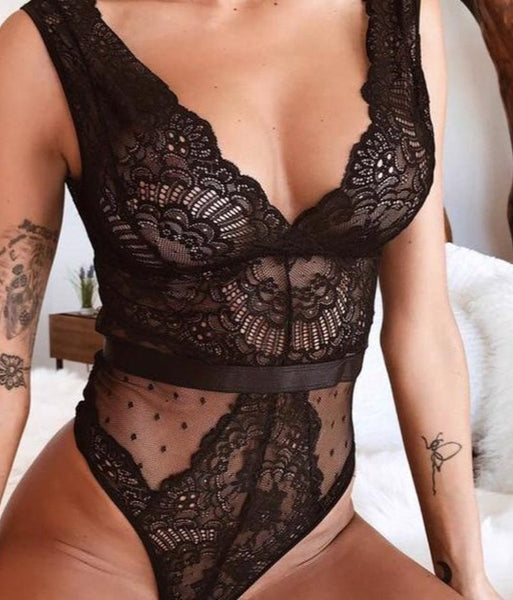 Women Lace Floral Embroidery Deep V Neck Sexy Bodysuit