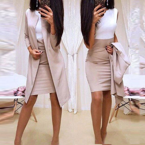 2Pcs Office Solid Color Long Blazer Jacket Bodycon Mini Skirt Suit