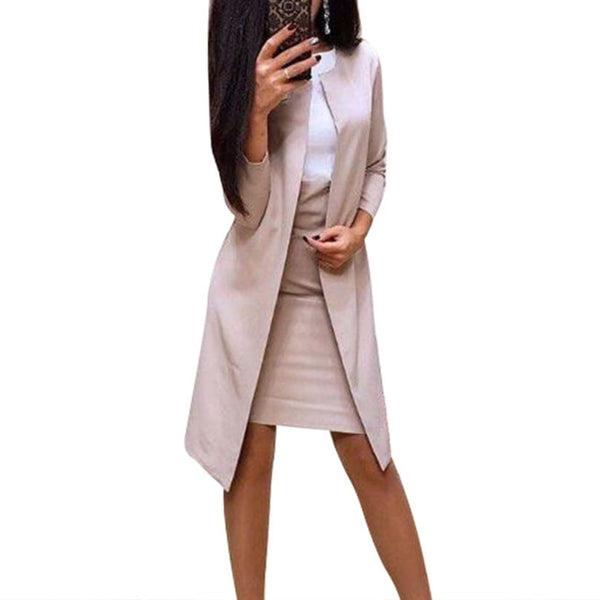 2Pcs Office Solid Color Long Blazer Jacket Bodycon Mini Skirt Suit