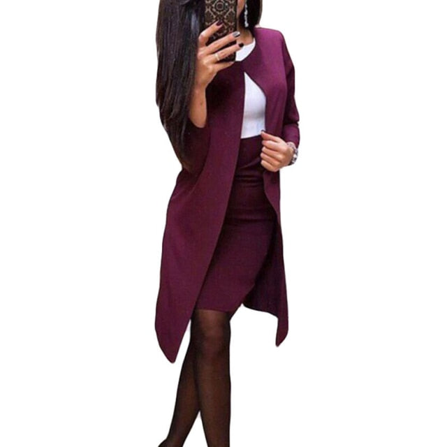 2Pcs Office Solid Color Long Blazer Jacket Bodycon Mini Skirt Suit