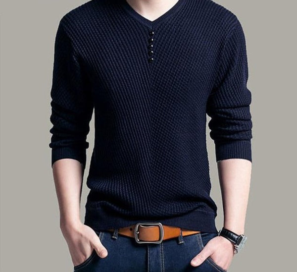 Men Casual V-Neck Pullover Long Sleeve Knitted Cashmere Wool Sweater