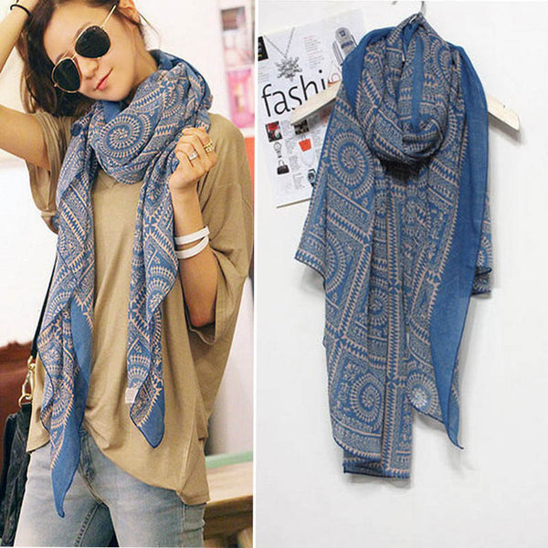 Elegant Scarf Retro Women Long Print Cotton Polyester Scarf