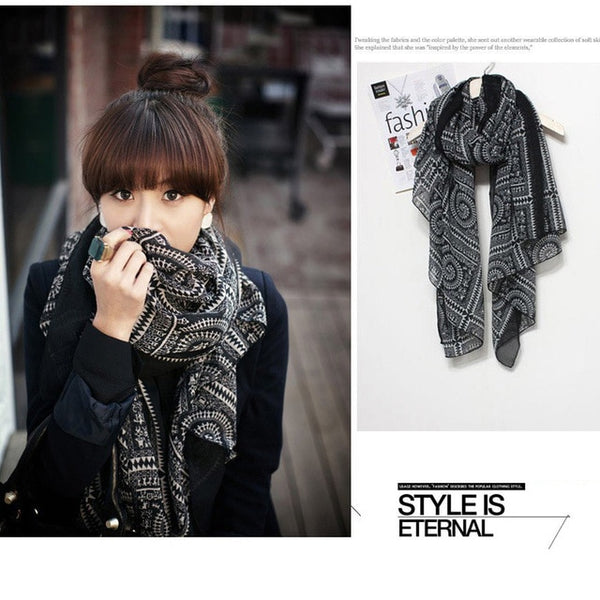 Elegant Scarf Retro Women Long Print Cotton Polyester Scarf