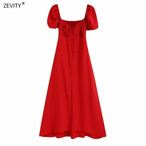 Vintage puff sleeve single breasted red midi dress