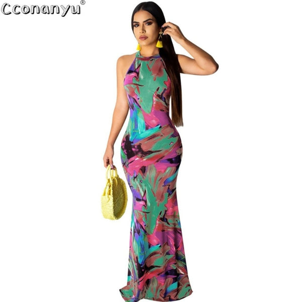 Womens Summer Multicolor Sleeveless Dresses Ladies Long Beach Dress Female Fashion Casual Back Hollow Out Dresses