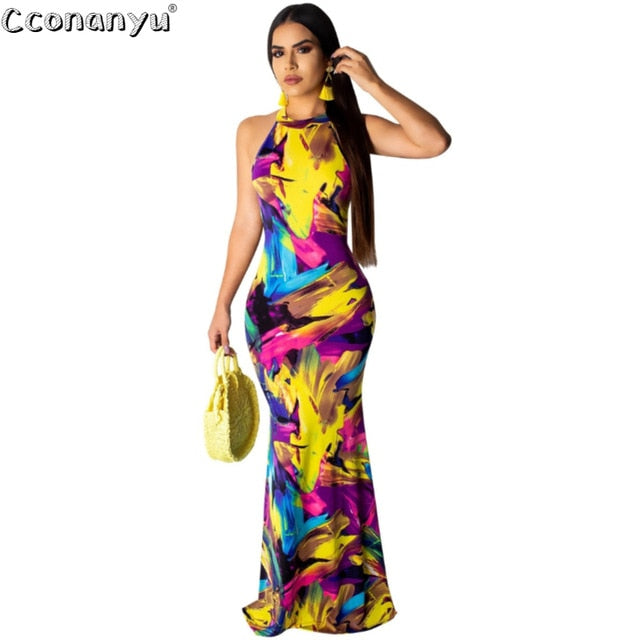 Womens Summer Multicolor Sleeveless Dresses Ladies Long Beach Dress Female Fashion Casual Back Hollow Out Dresses