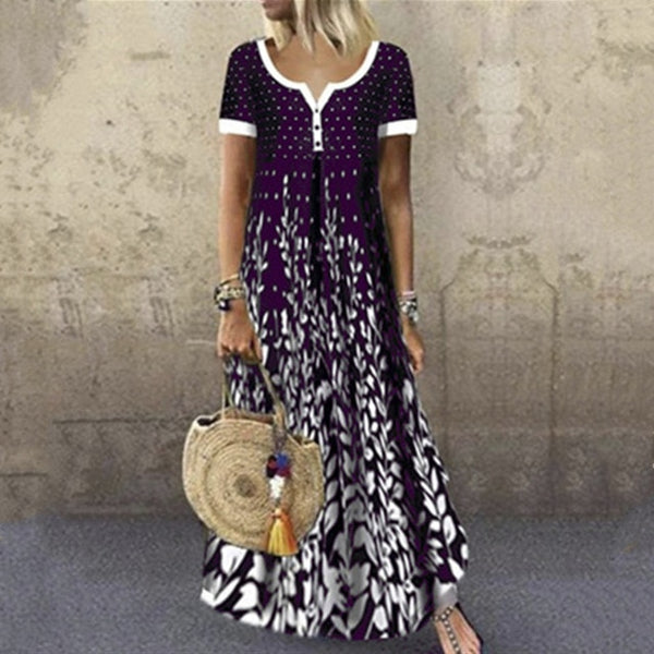 Women fashion print dot button v neck short sleeve long dress