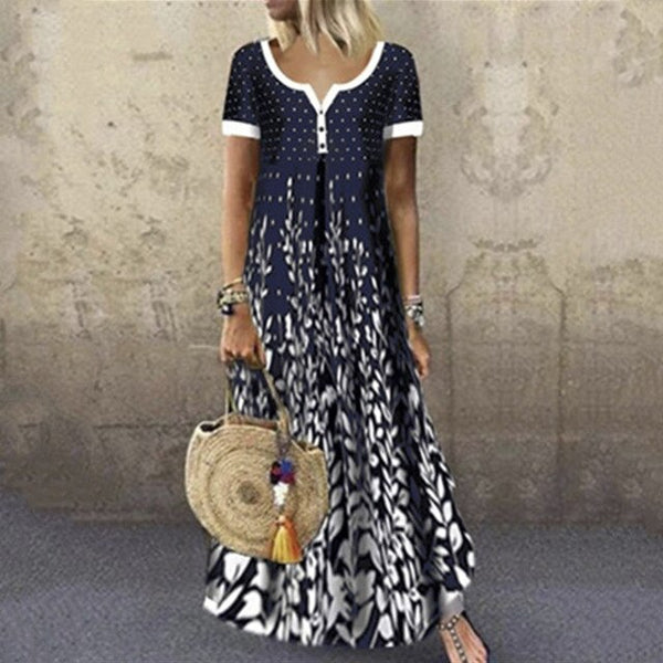 Women fashion print dot button v neck short sleeve long dress
