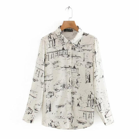 Women fashion ink painting printed casual smock blouse