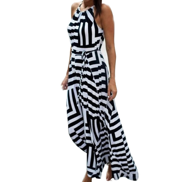 Sexy Women Striped Sleeveless Off Shoulder Sashes Long Dress