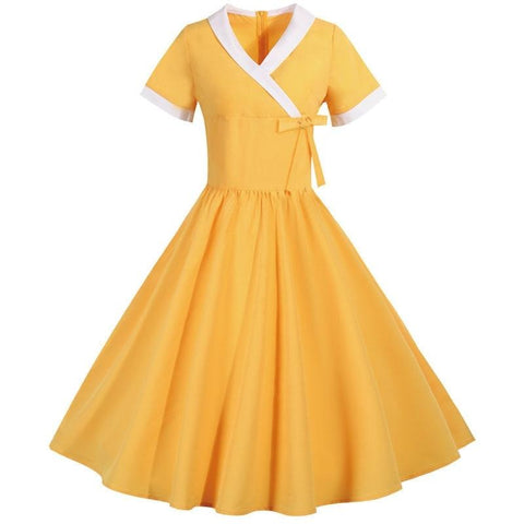 Yellow Bow V Neck Elegant Women Vintage High Waist Dress